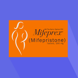 An orange box of Mifepristone with a violet background