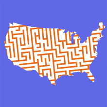 A violet background with a map of the United States, showing orange lines moving in different directions